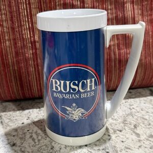 Busch Bavarian Beer Vintage Thermo-Sew Plastic Mug Cup Handle Blue White